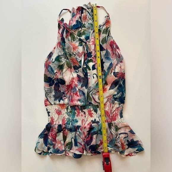 Parker silk ruffle sleeveless floral boho top camisole sz XS green pink cream - Picture 7 of 7